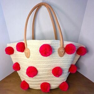 Shiraleah Klo Chicago Straw Tote Bag Pink Pom Pom Beach‎ Summer Shoulder Bag Lg